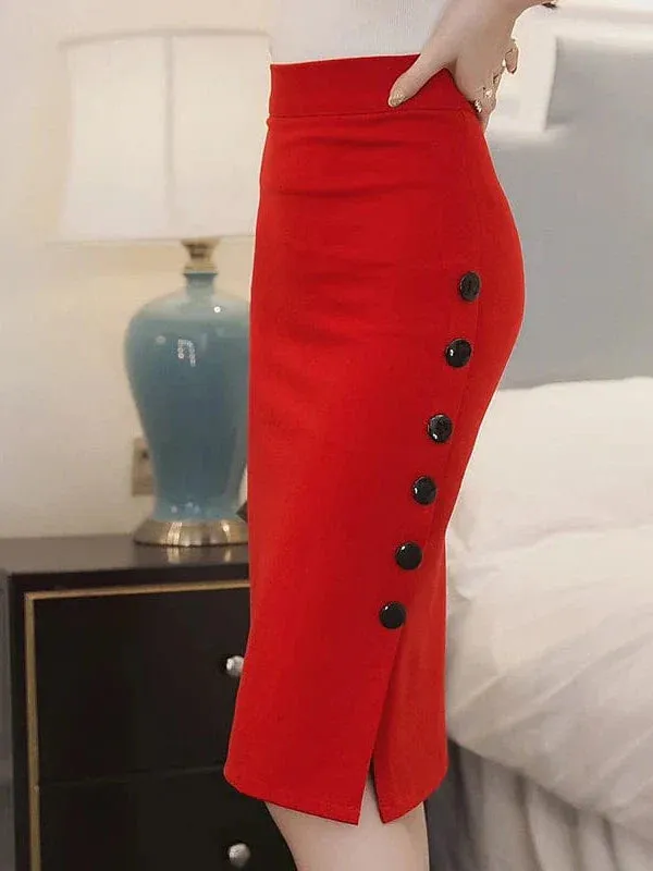 Elegant Women's Knee-Length Pencil Skirt in Black and Red