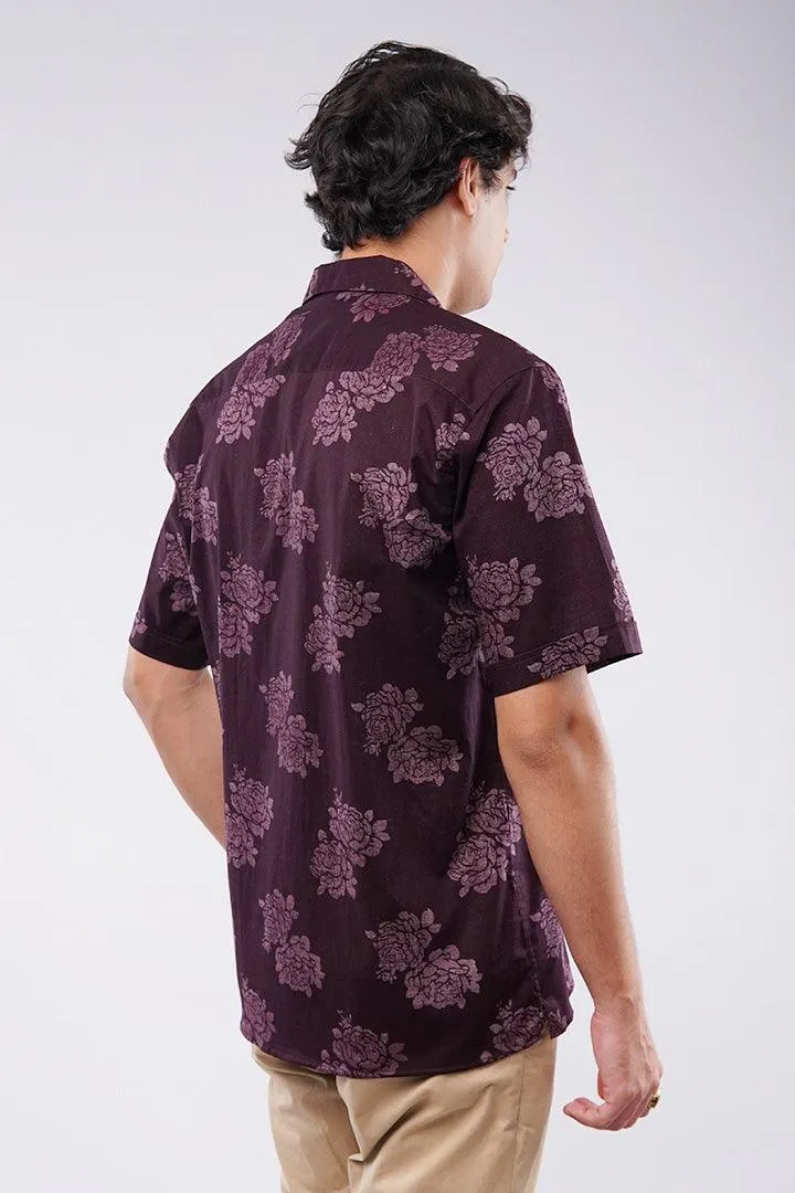 Floral Printed Cuban Shirt - Maroon