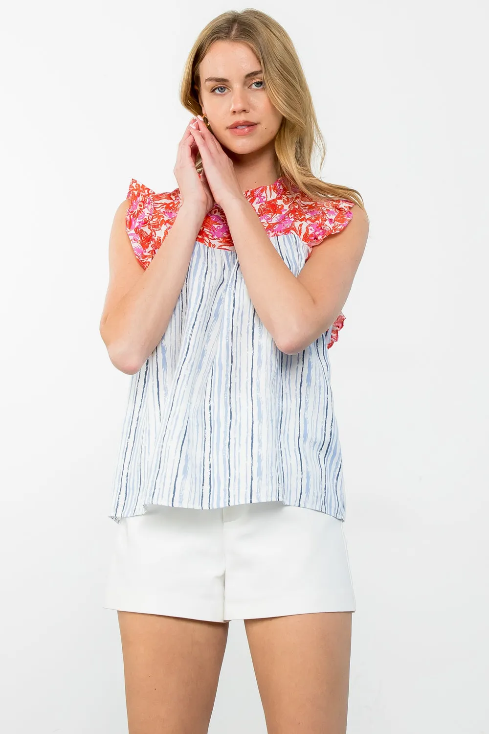 Flower Print Striped Ruffled Sleeve Top