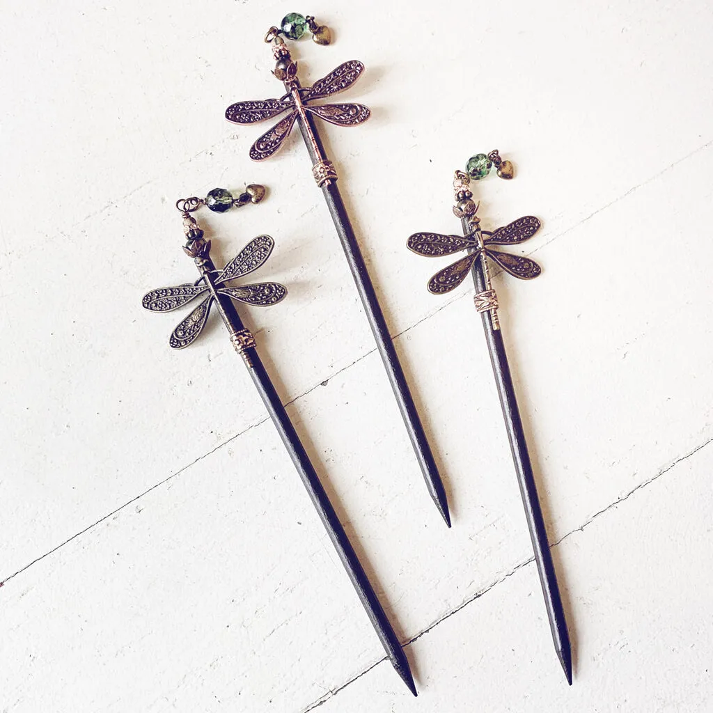 forest dragonfly // wooden dragonfly embellished hairpin, hair stick