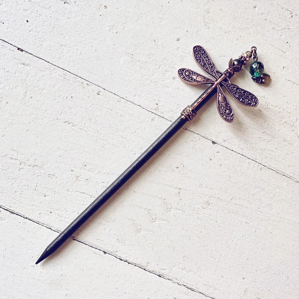 forest dragonfly // wooden dragonfly embellished hairpin, hair stick