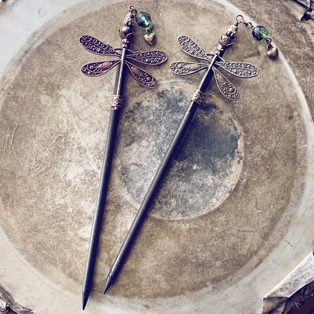 forest dragonfly // wooden dragonfly embellished hairpin, hair stick