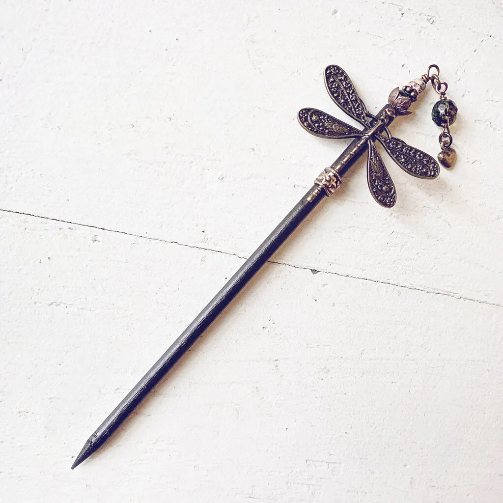 forest dragonfly // wooden dragonfly embellished hairpin, hair stick