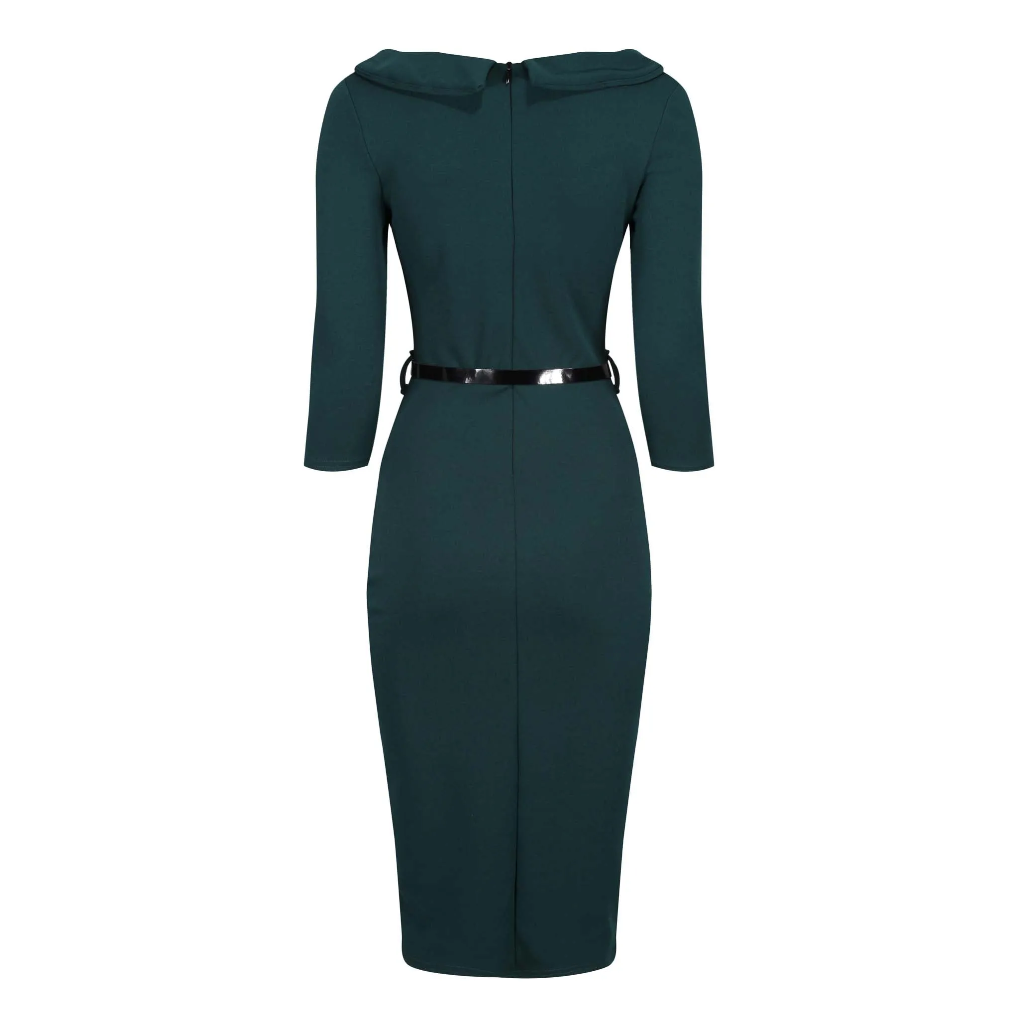 Forest Green Black Belted Bow Pencil Dress