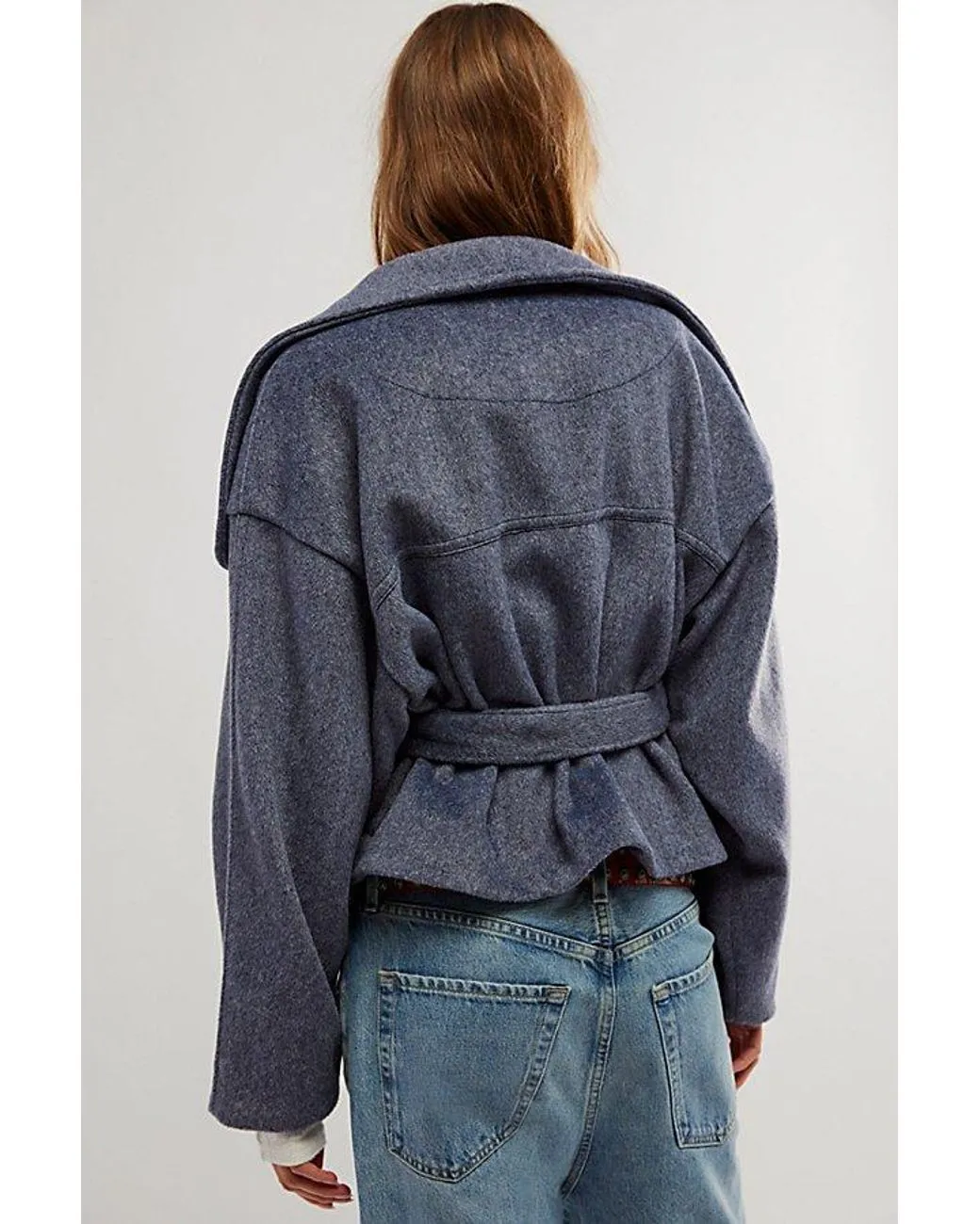 Free People Blue Cashmere-feel belted Jacket UK L