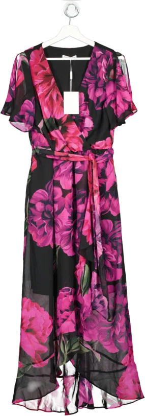 GINA BACCONI Black / Pink Floral Faux Wrap Front Midi Dress BNWT UK 10