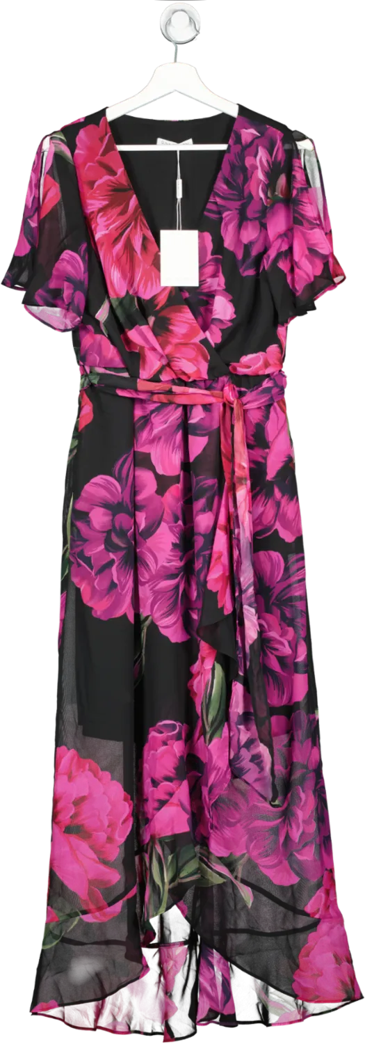 GINA BACCONI Black / Pink Floral Faux Wrap Front Midi Dress BNWT UK 10