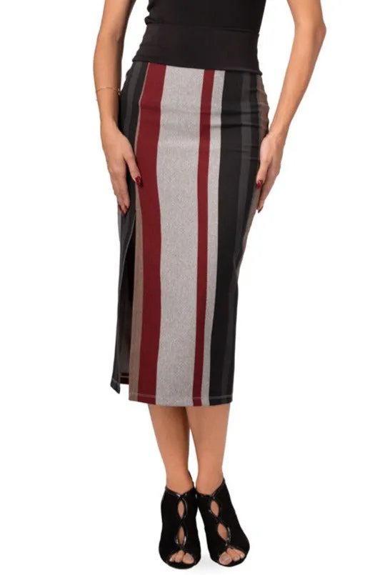 Grey Midi Striped Pencil Skirt With Slit