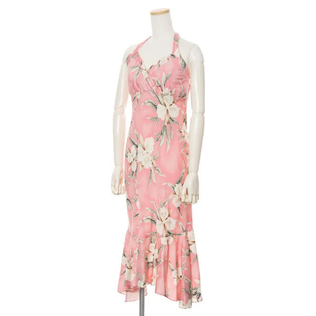 Halter Mid Length Pink Orchid Hawaiian Dress