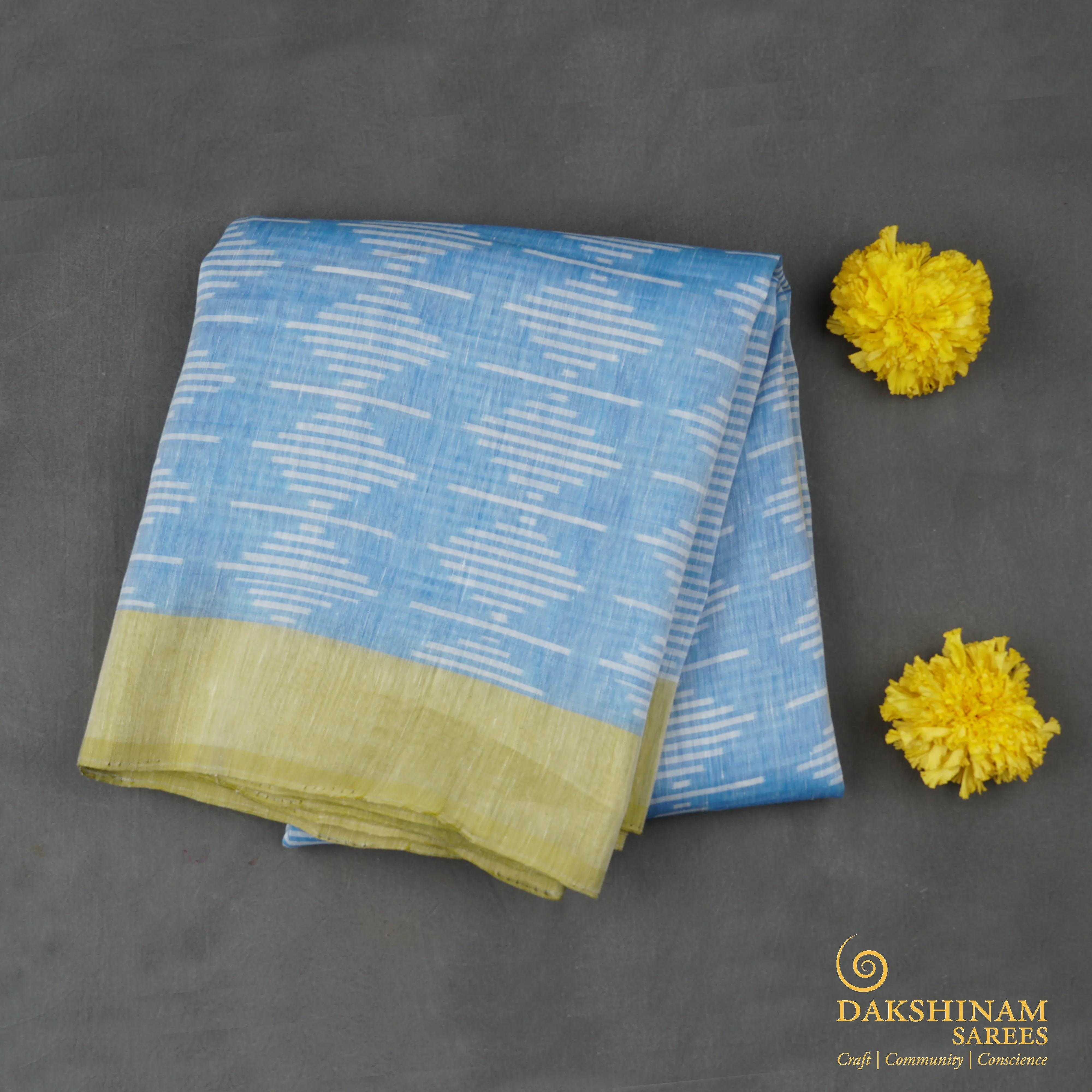 Handwoven Blue with Chatreuse Linen Ikkat Silk Saree - 1767T008352DSC