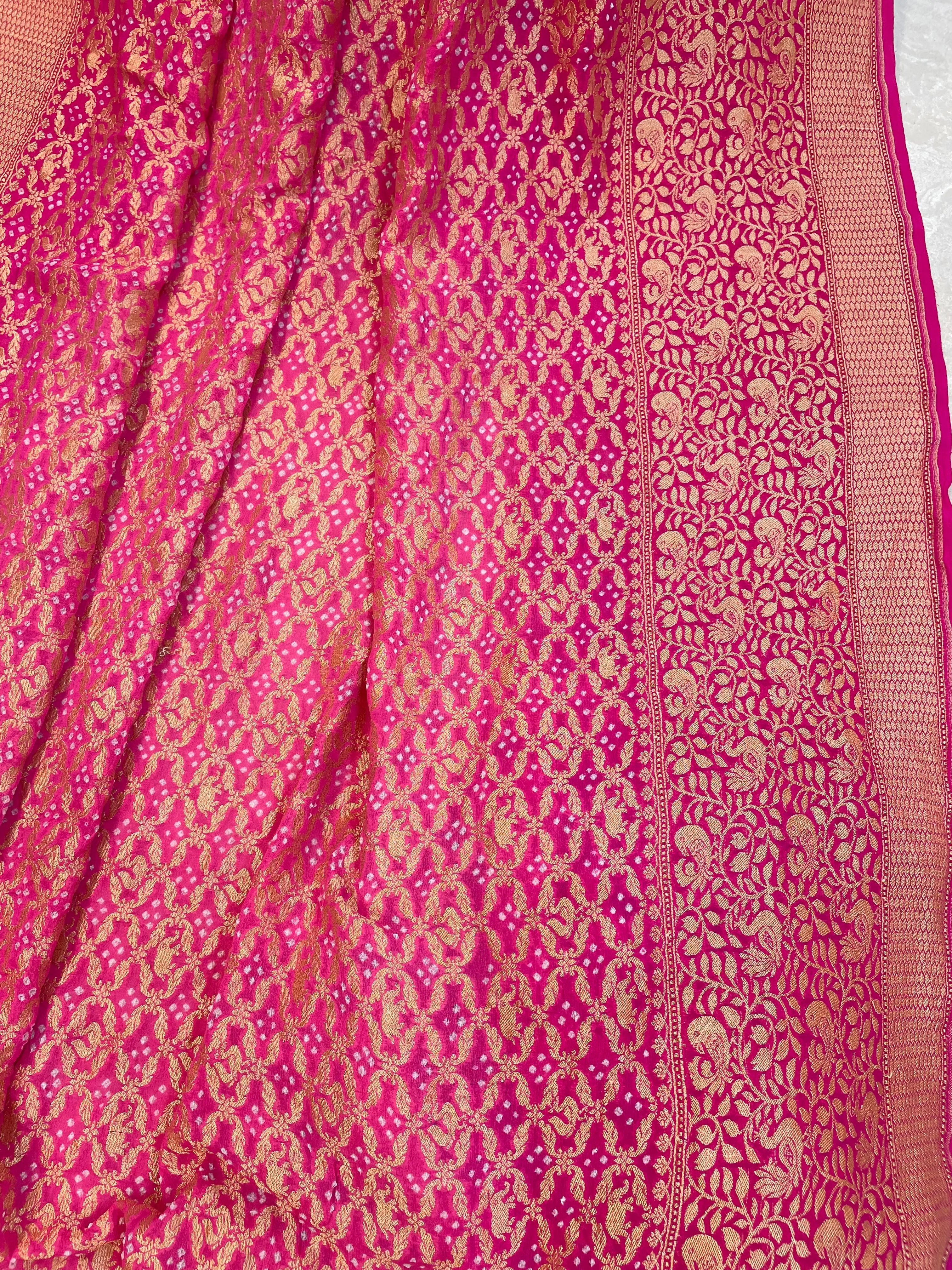 Handwoven Pure Bandhani Banarasi Pink Saree Blouse