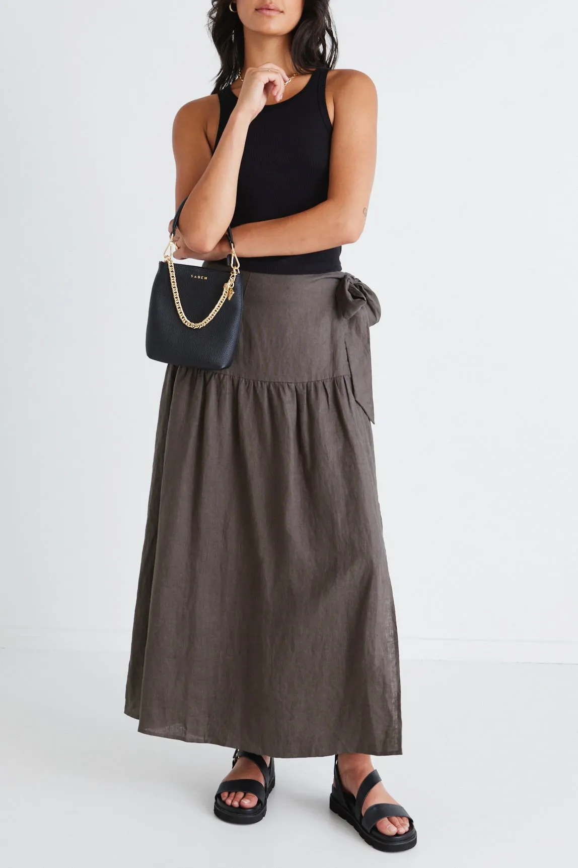 Impact Dark Olive Linen Tiered Wrap Maxi Skirt