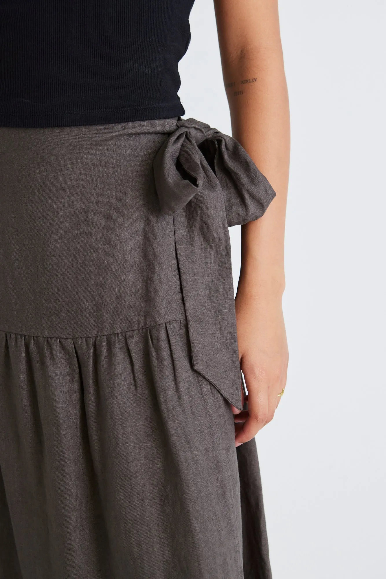 Impact Dark Olive Linen Tiered Wrap Maxi Skirt