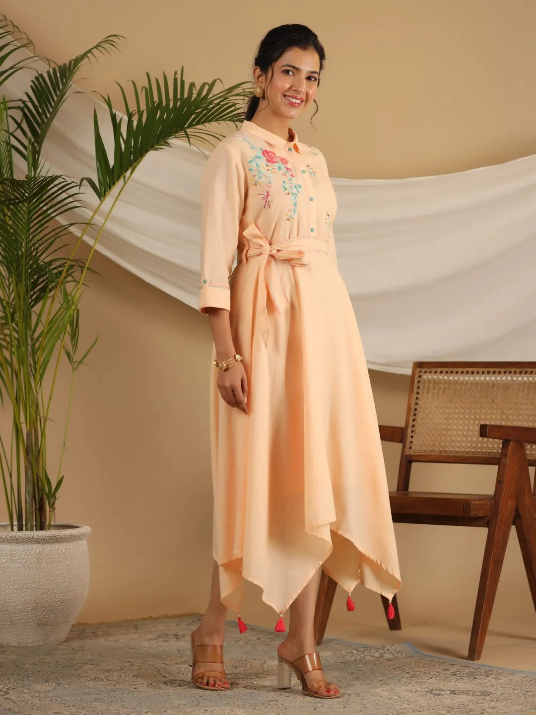 Juniper Peach Fit & Flare Belted Asymmetrical Maxi Dress With Floral Thread Embroidery