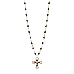 Lace Cross Diamond Necklace, Black, Rose Gold, 16.5"