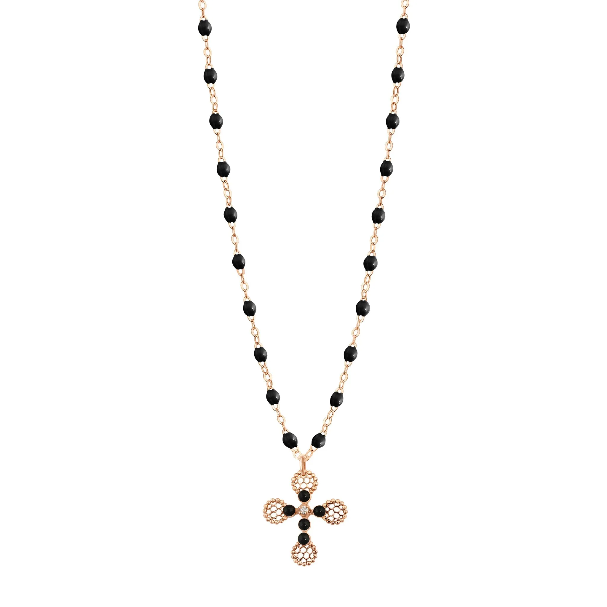 Lace Cross Diamond Necklace, Black, Rose Gold, 16.5"