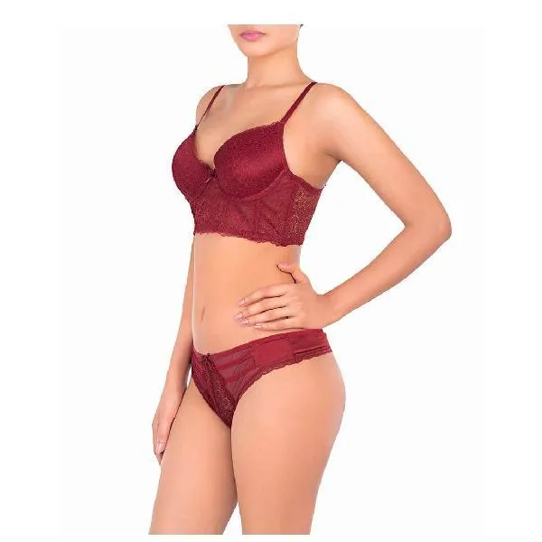 Lace Mesh Longline Push Up Bra Panty Set