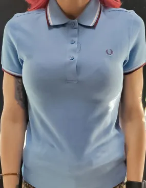 LADIES TWIN TIPPED FRED PERRY SHIRT (UTILITY BLUE/WHITE/MAROON)