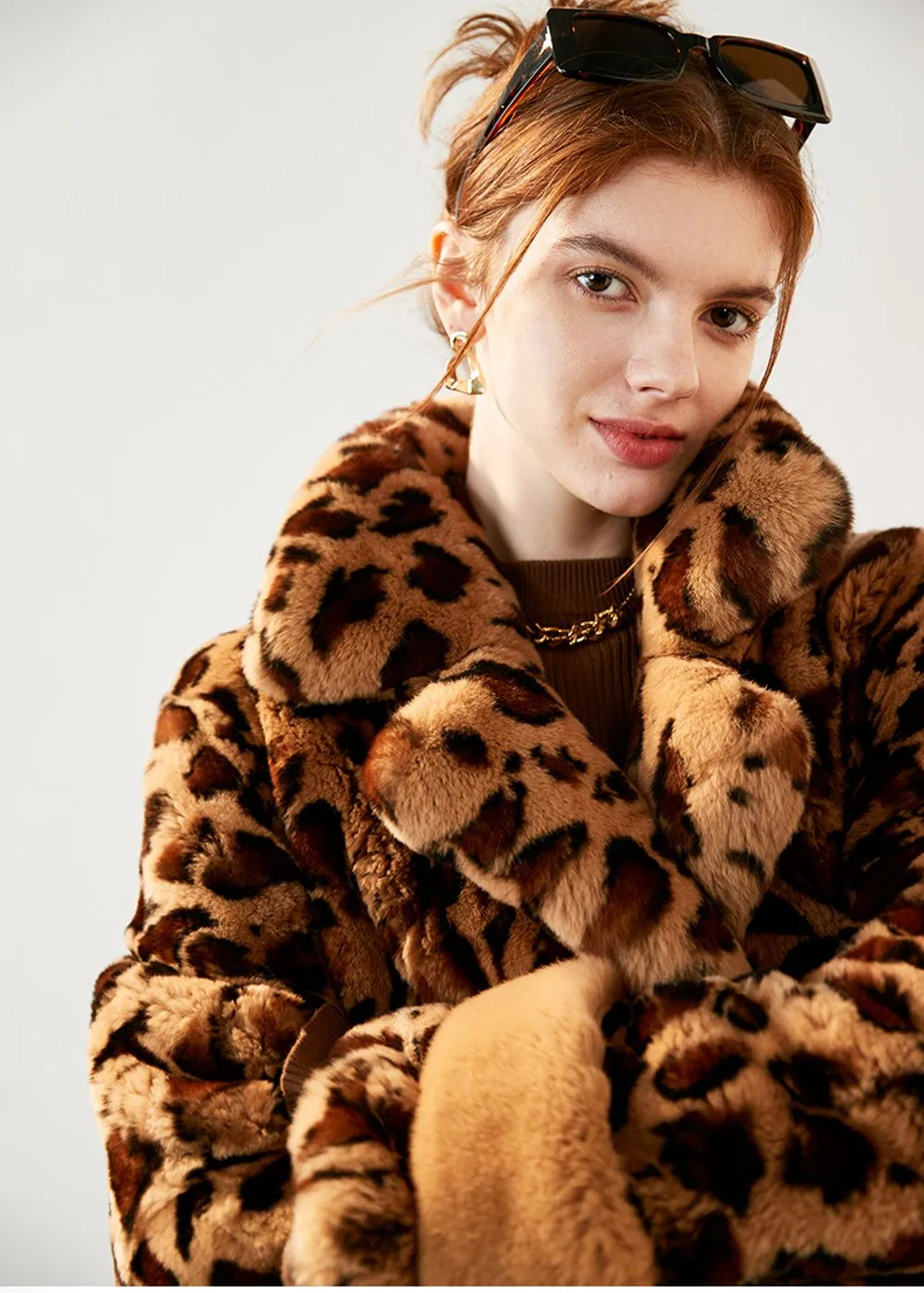 Leopard Belted Rex Rabbit Fur Coat