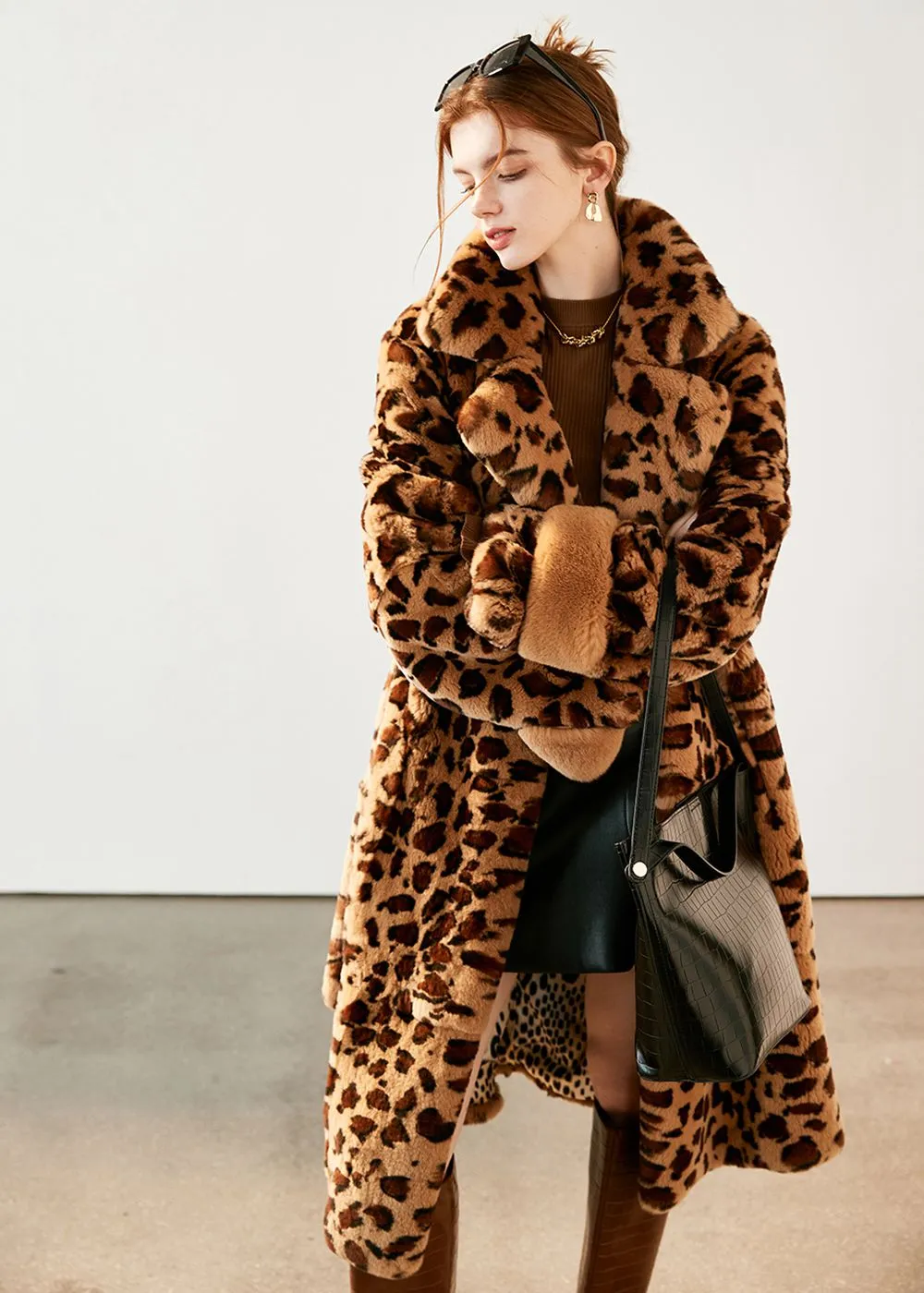 Leopard Belted Rex Rabbit Fur Coat