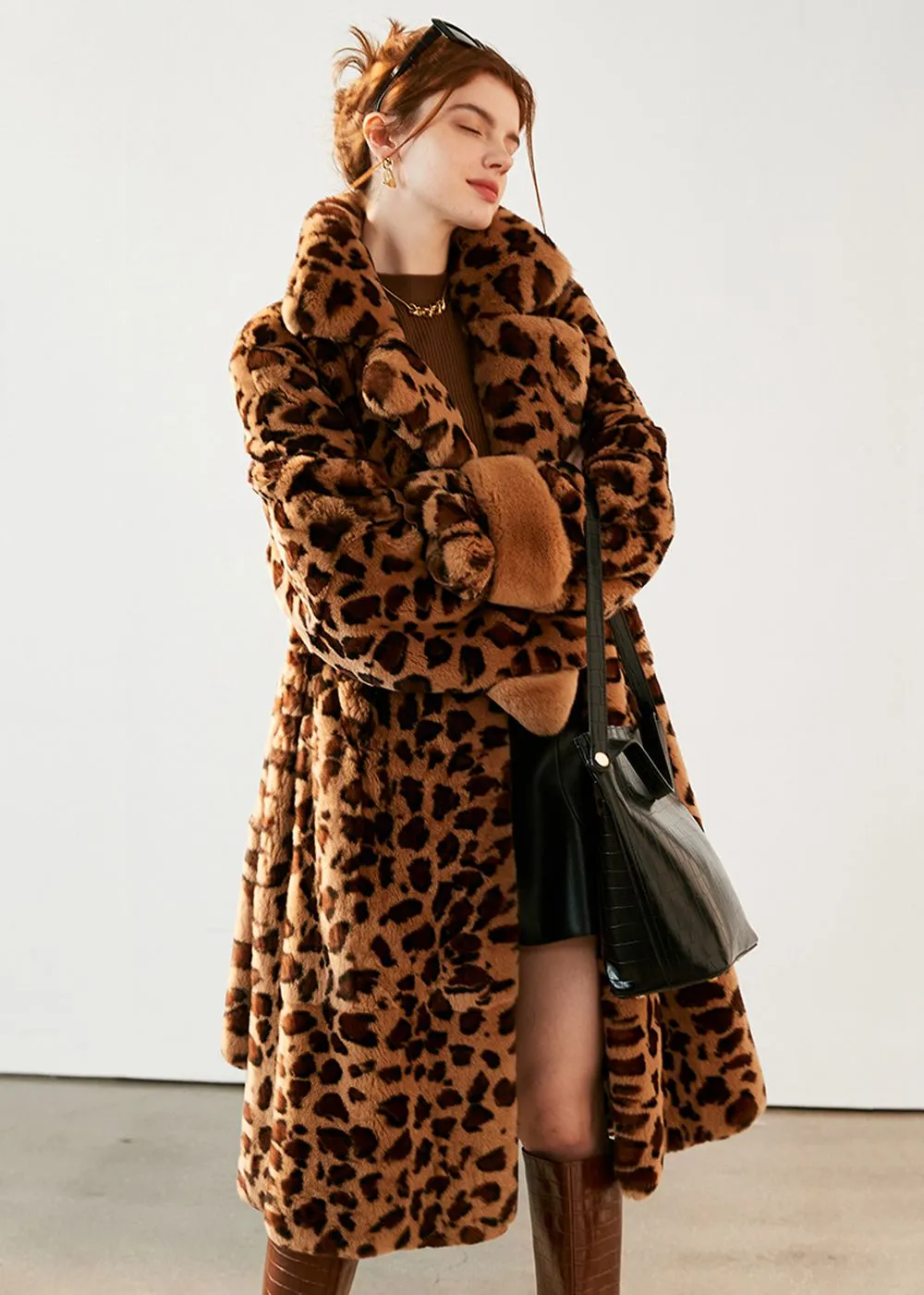 Leopard Belted Rex Rabbit Fur Coat