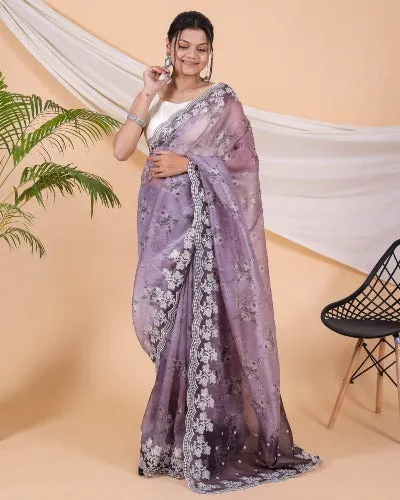 Lilac Pure Soft Organza Silk Floral Saree