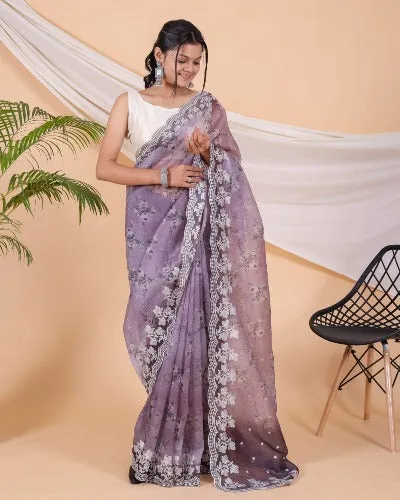 Lilac Pure Soft Organza Silk Floral Saree