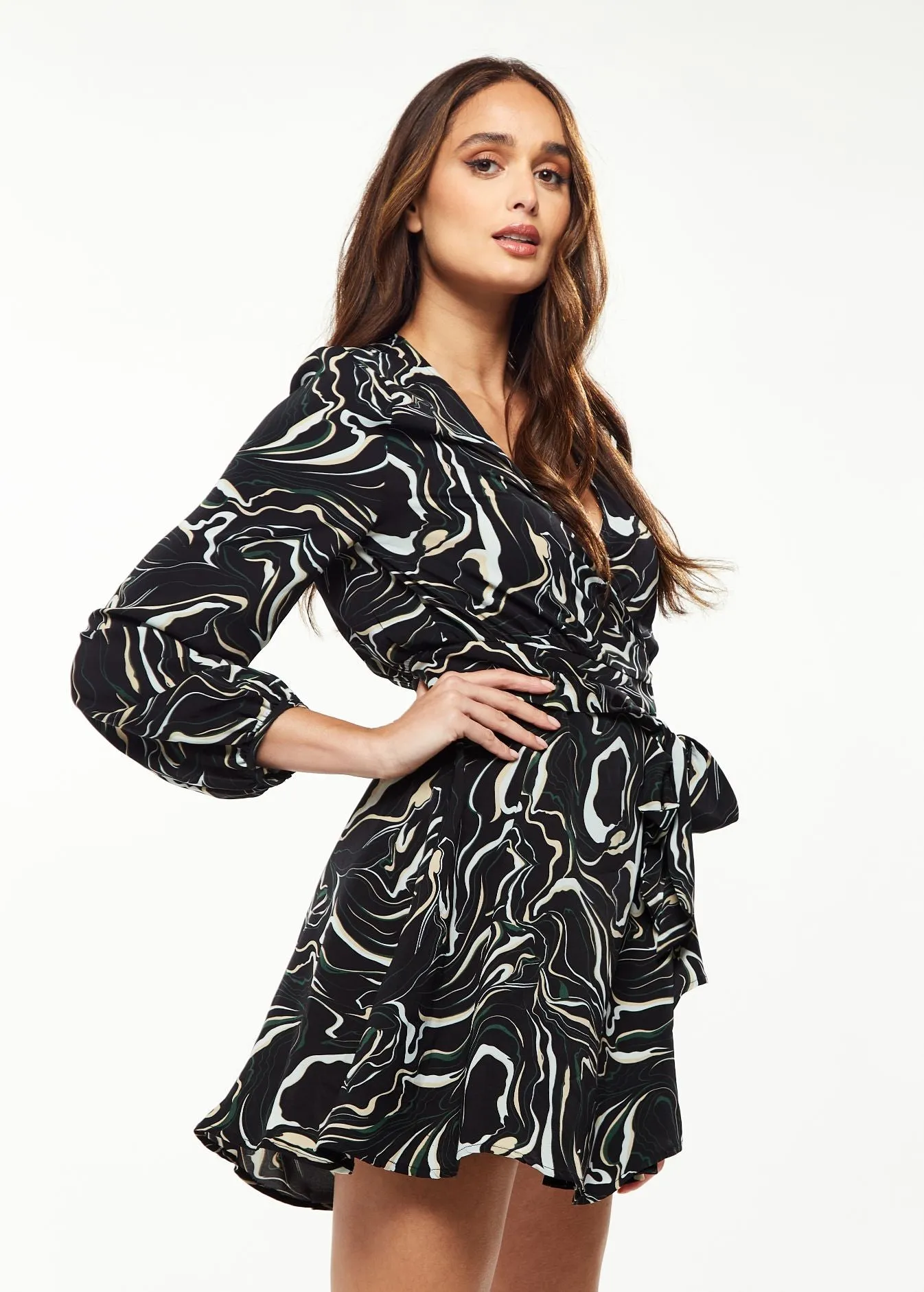 Liquorish Scribble Print Mini Wrap Dress With Long Sleeves