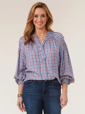 Long Blouson Smock Sleeve Ruffle Neck Plaid Woven Top