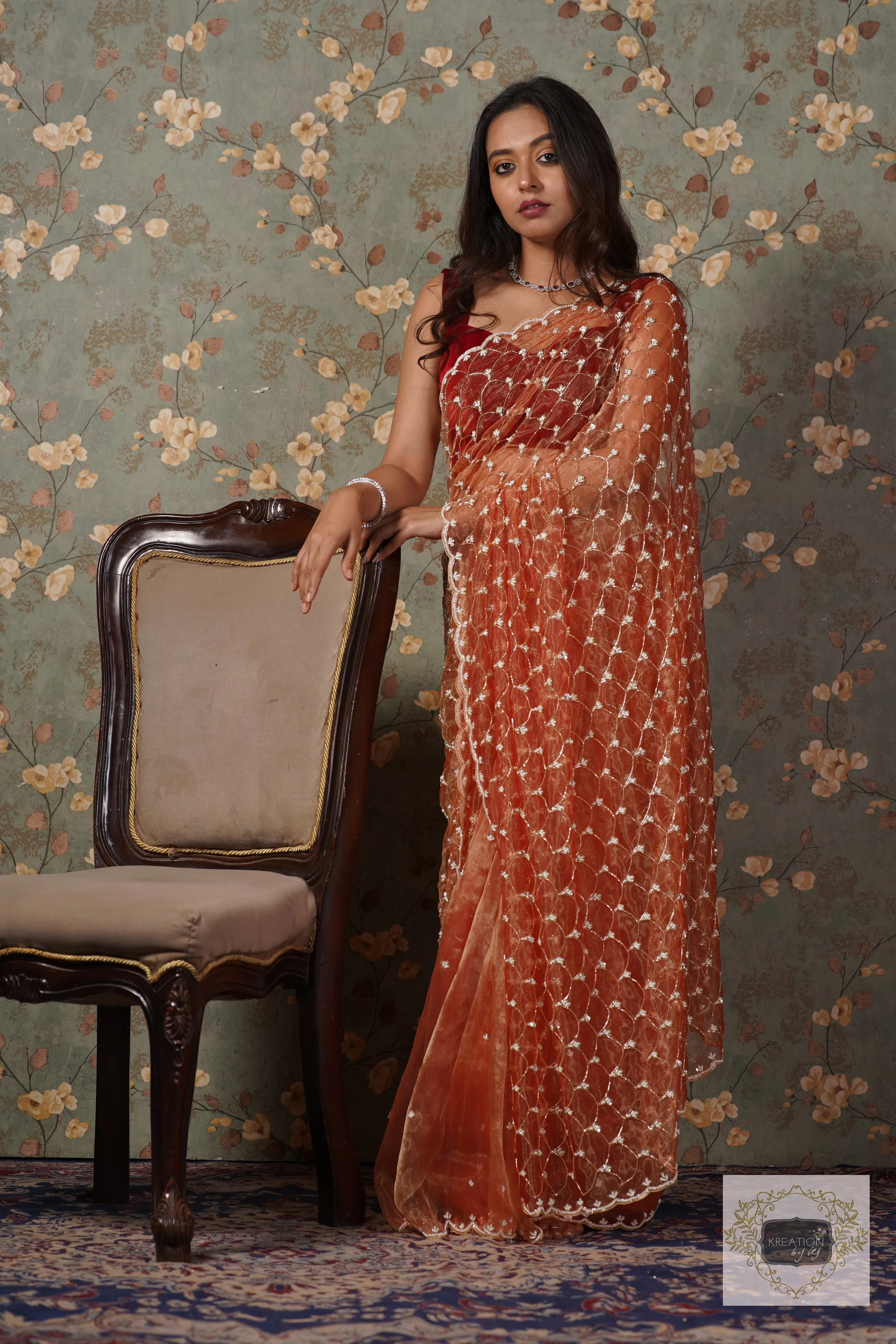 Marigold Glass Tissue Mehraab Jaal Saree