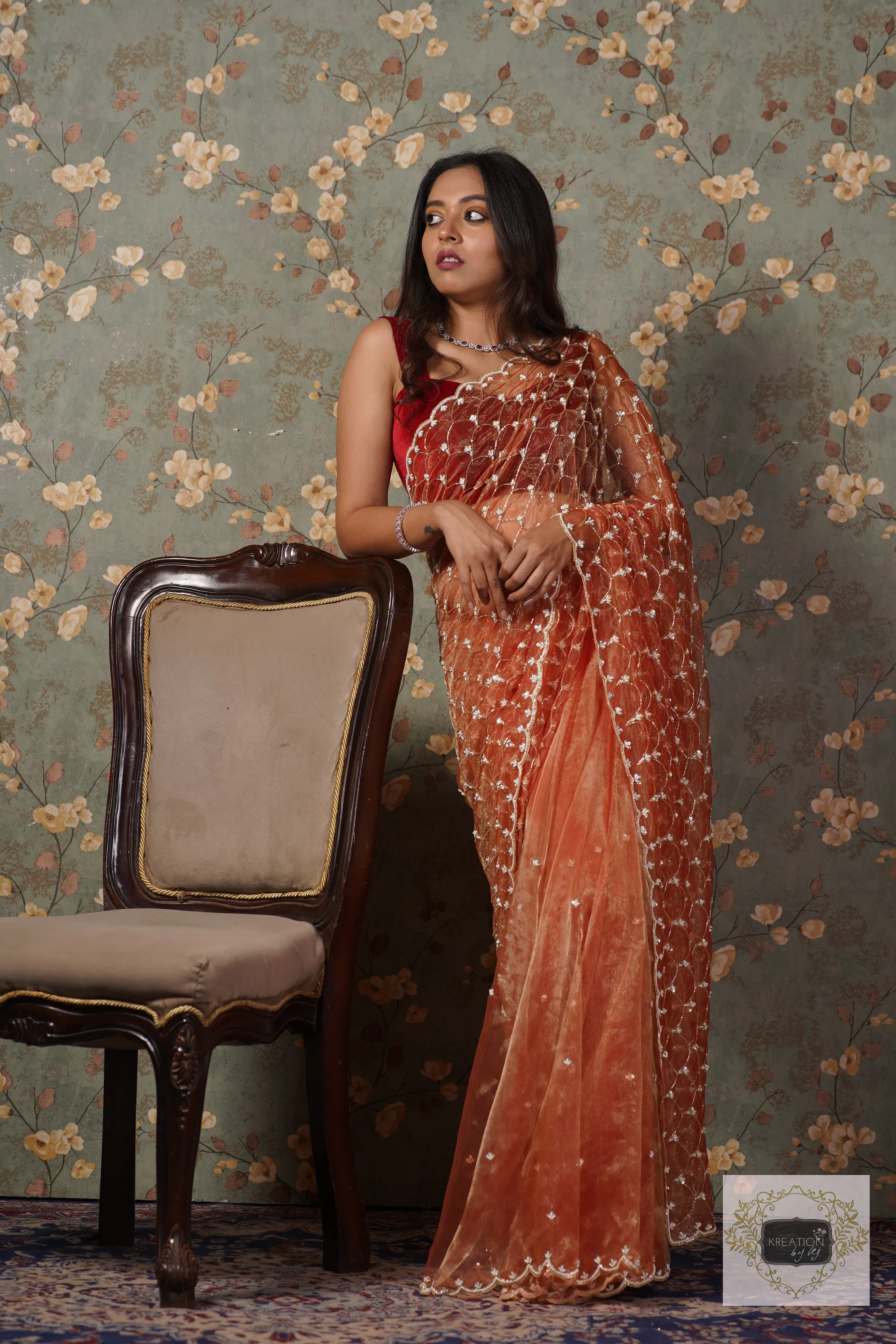 Marigold Glass Tissue Mehraab Jaal Saree