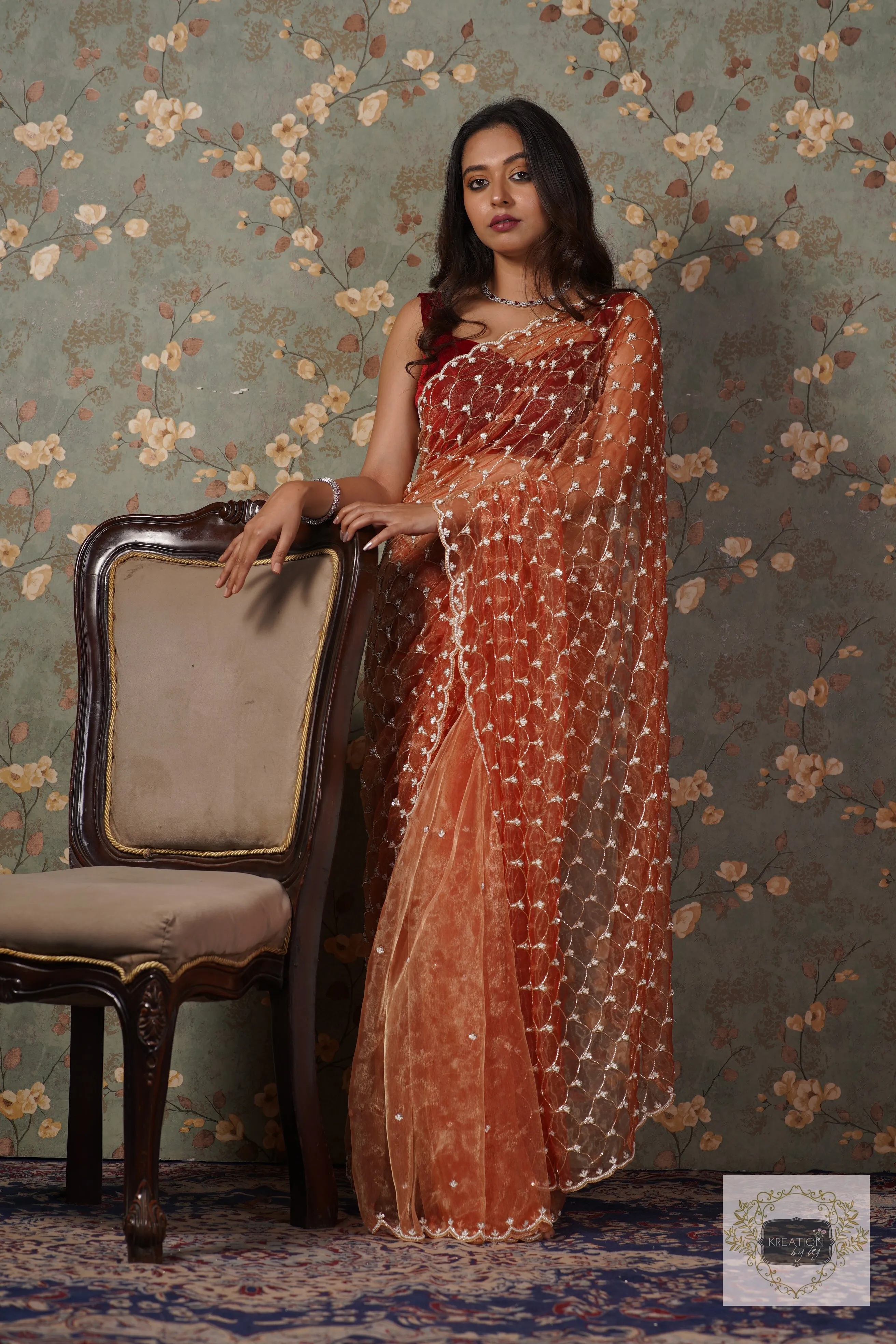 Marigold Glass Tissue Mehraab Jaal Saree