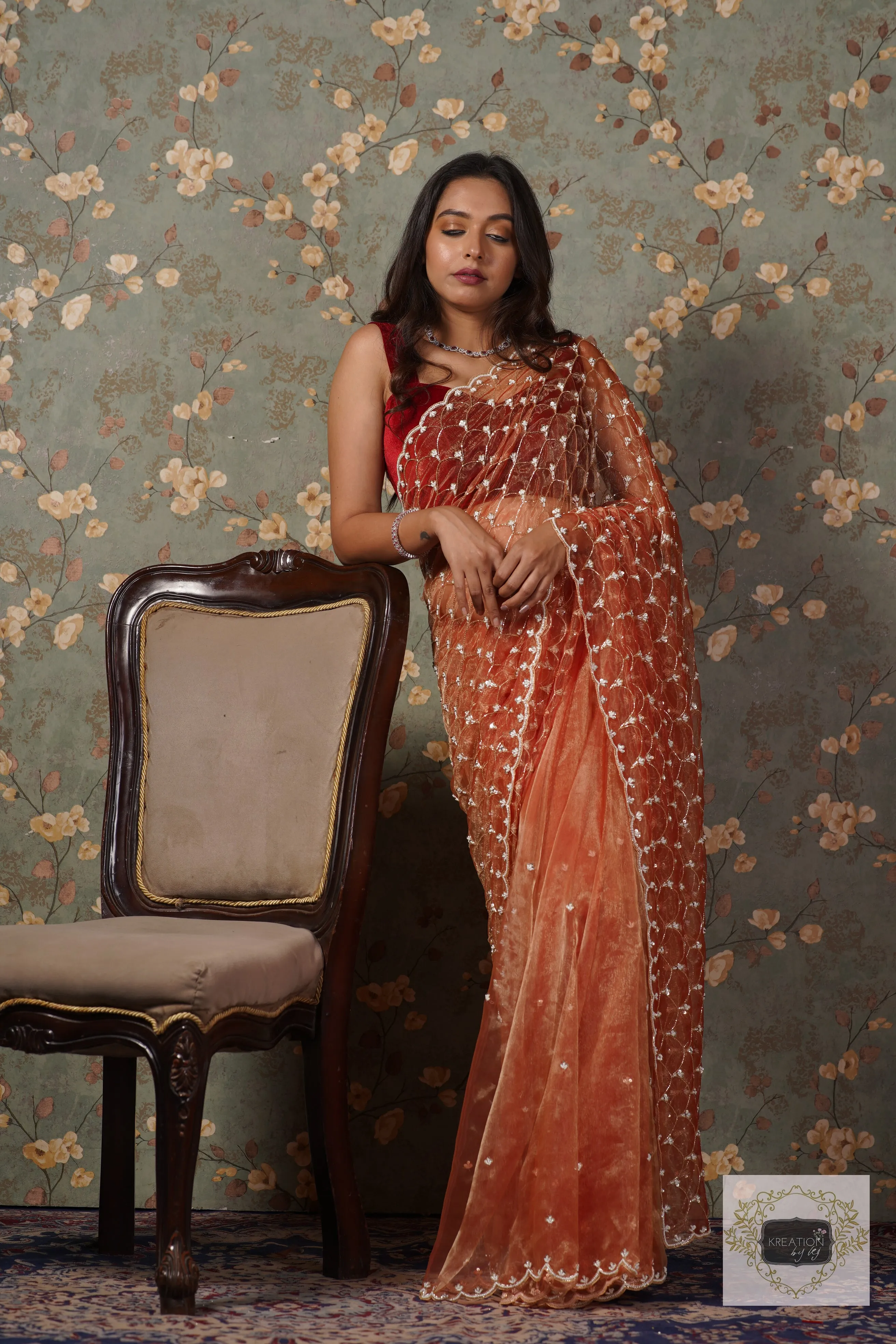 Marigold Glass Tissue Mehraab Jaal Saree