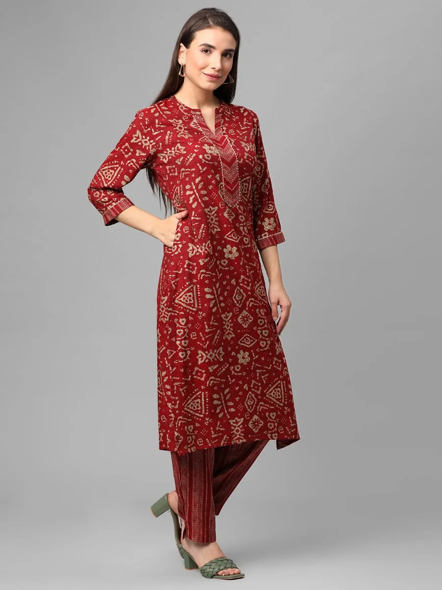 Maroon Floral Printed Kurta With Trouser