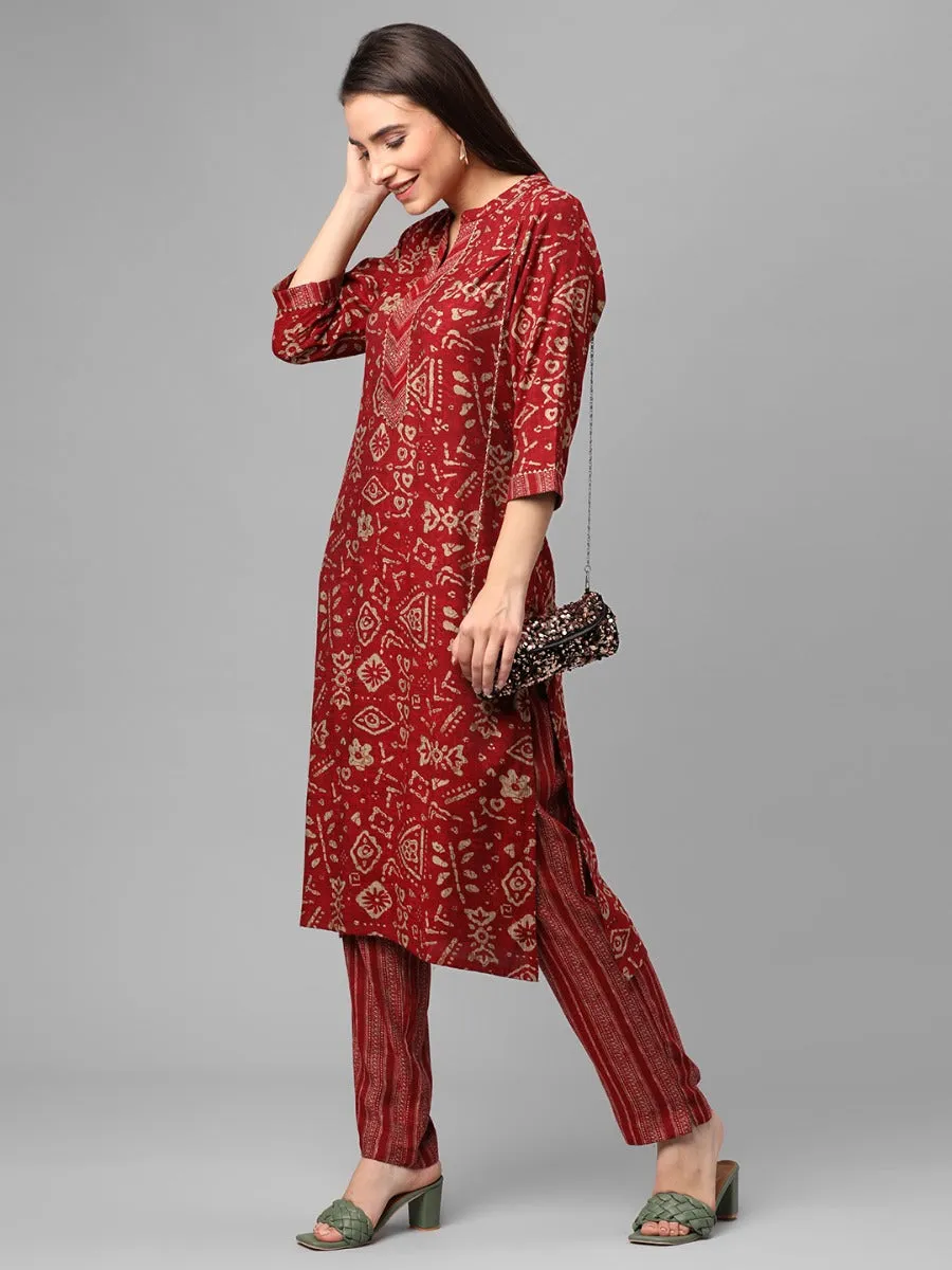 Maroon Floral Printed Kurta With Trouser