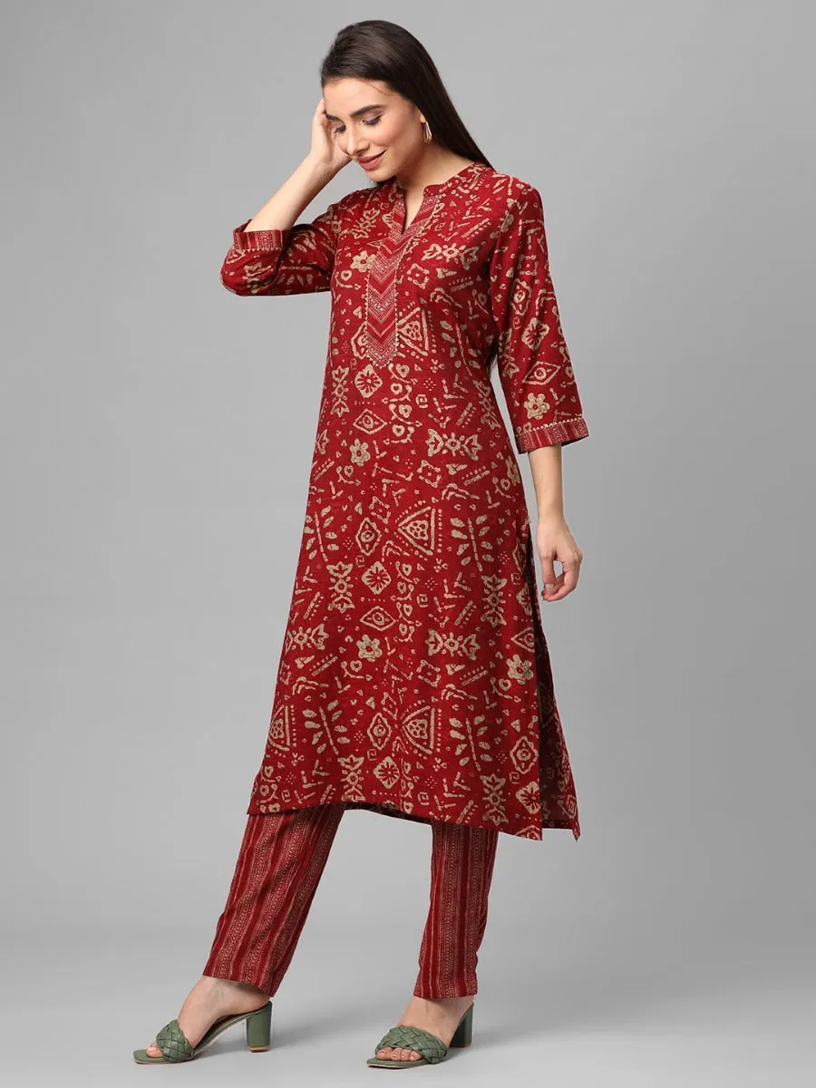 Maroon Floral Printed Kurta With Trouser