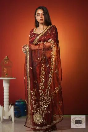 Maroon Glass Tissue Sheesh Mahal Saree