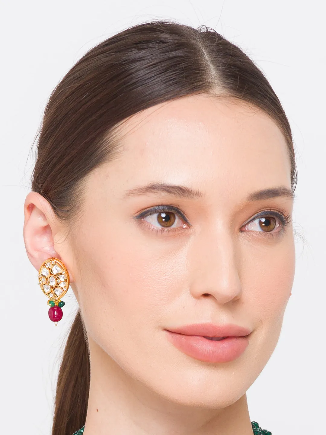 Maroon Gold Tone Kundan Earrings with Onyx