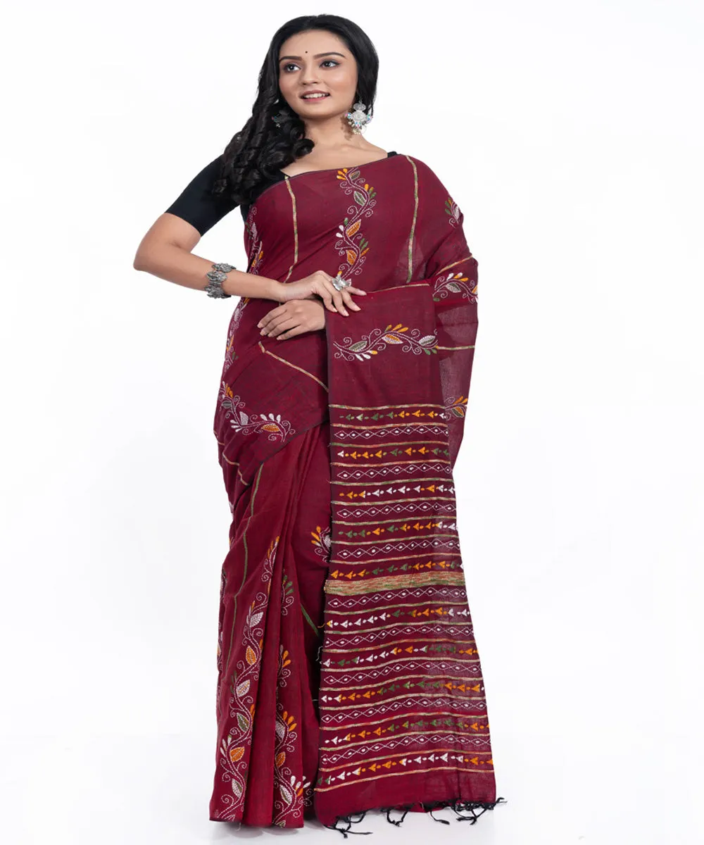 Maroon handwoven cotton kantha stitch saree