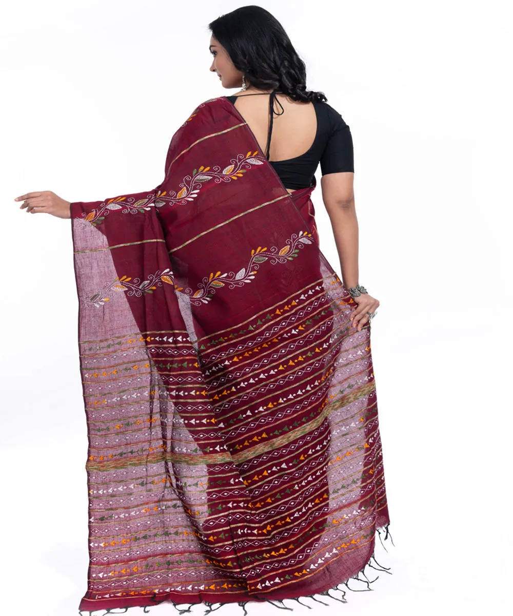 Maroon handwoven cotton kantha stitch saree