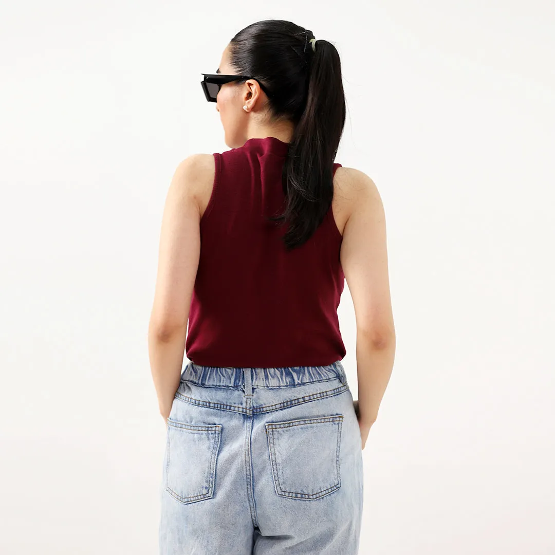 Maroon Ribbed Sleeveless Mock Neck Top