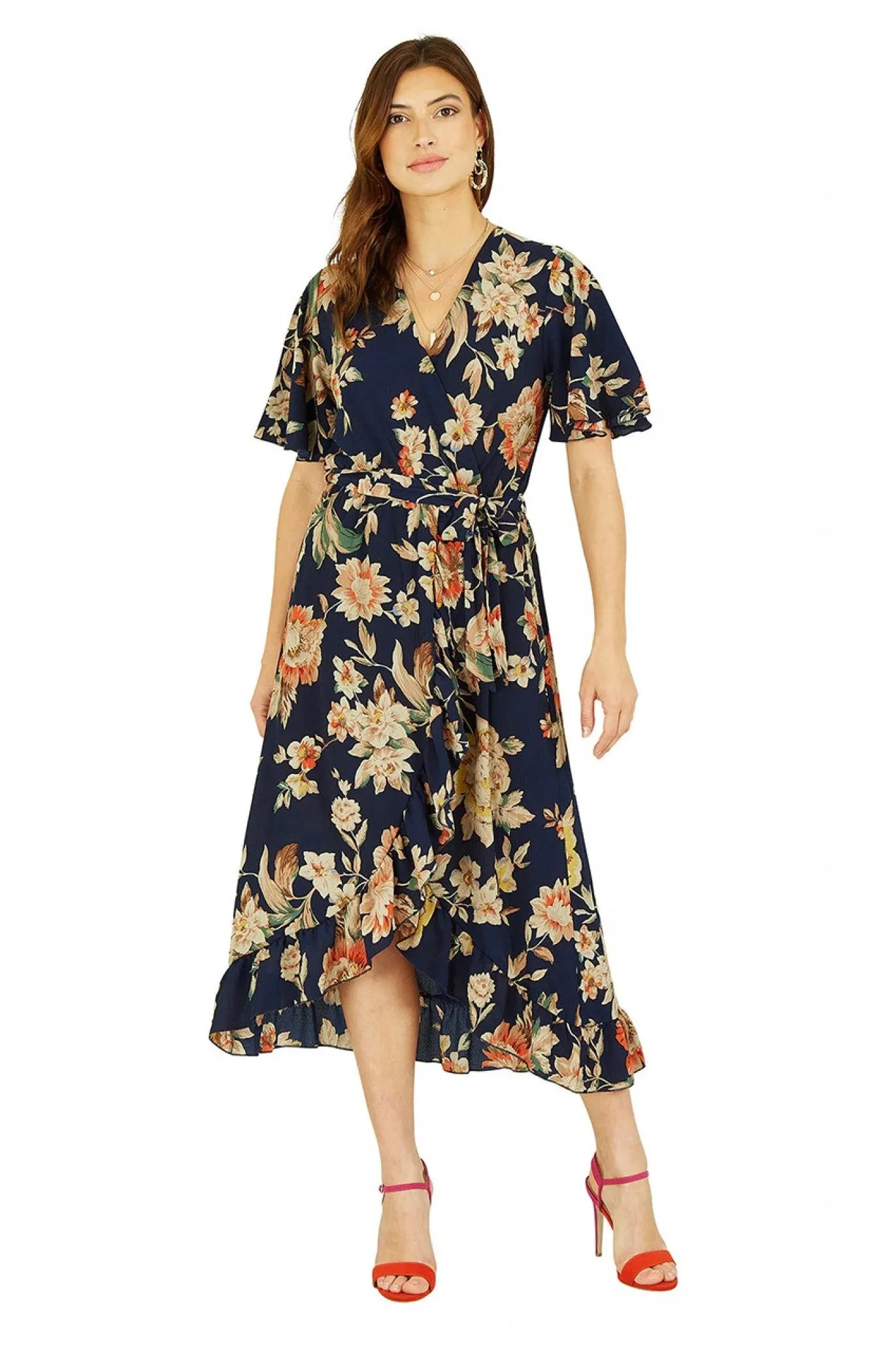 Mela London Navy Winter Floral Wrap Midi Dress