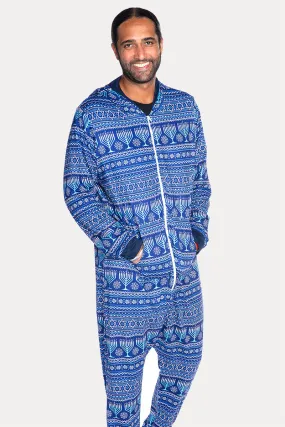 Men's Simply Soft Hooded Zip Onesie - Hannukah Fair Isle