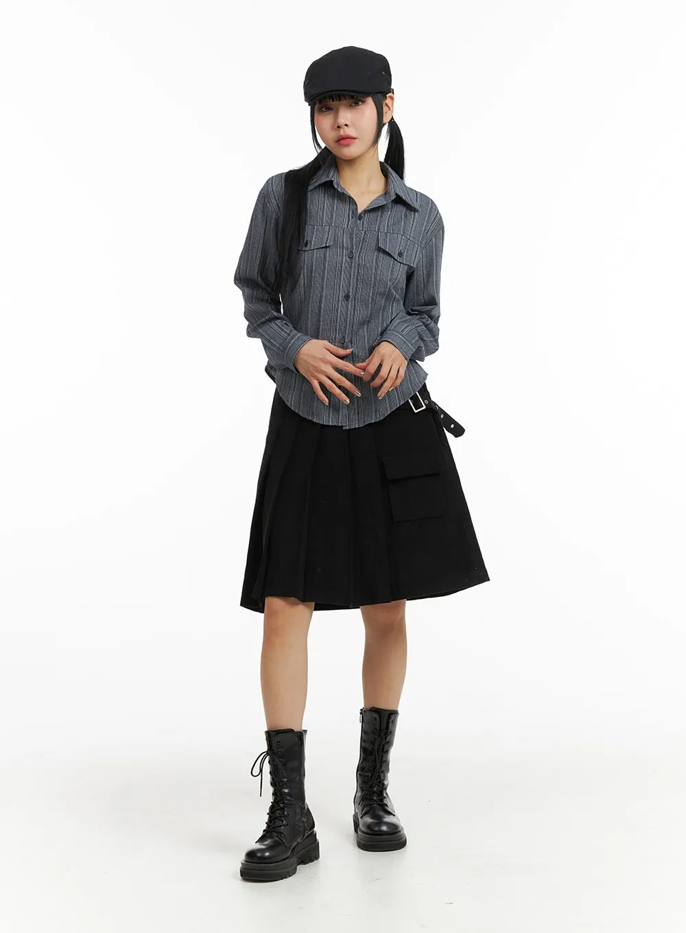 Mid Waist Solid Pleated Belted Midi Skirt CJ411