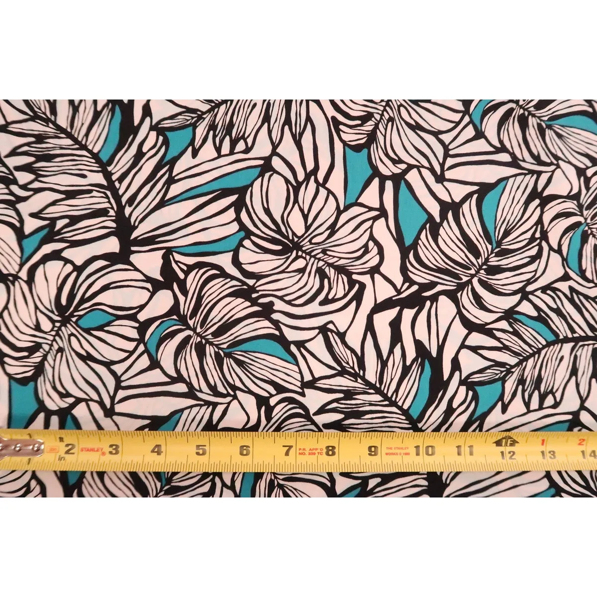 Modern Leaf Print Cotton Fabric -|Turquoise & Black WHT-0010C