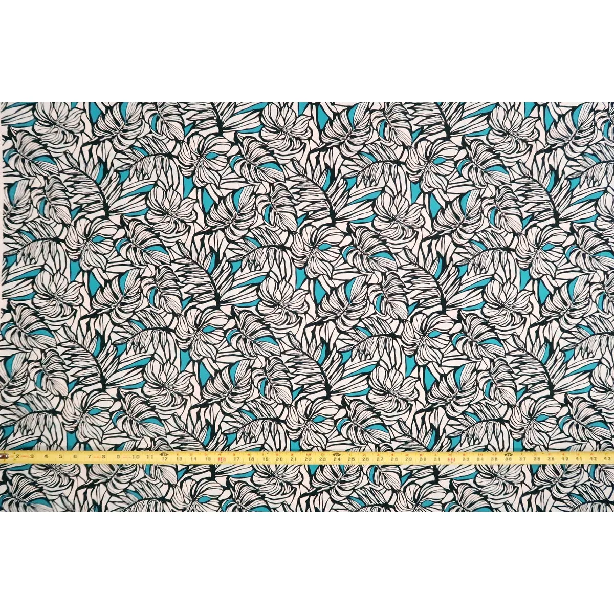 Modern Leaf Print Cotton Fabric -|Turquoise & Black WHT-0010C