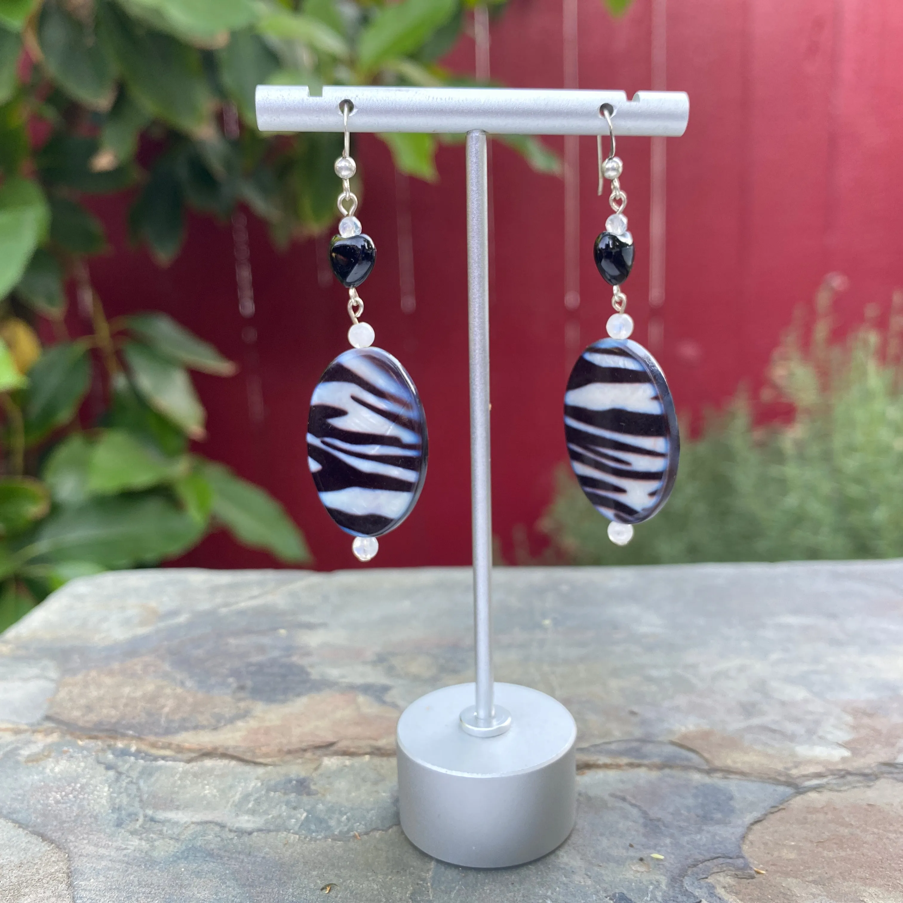 Mother of Pearl Zebra Print and Onyx, Moonstone Gemstone Earrings