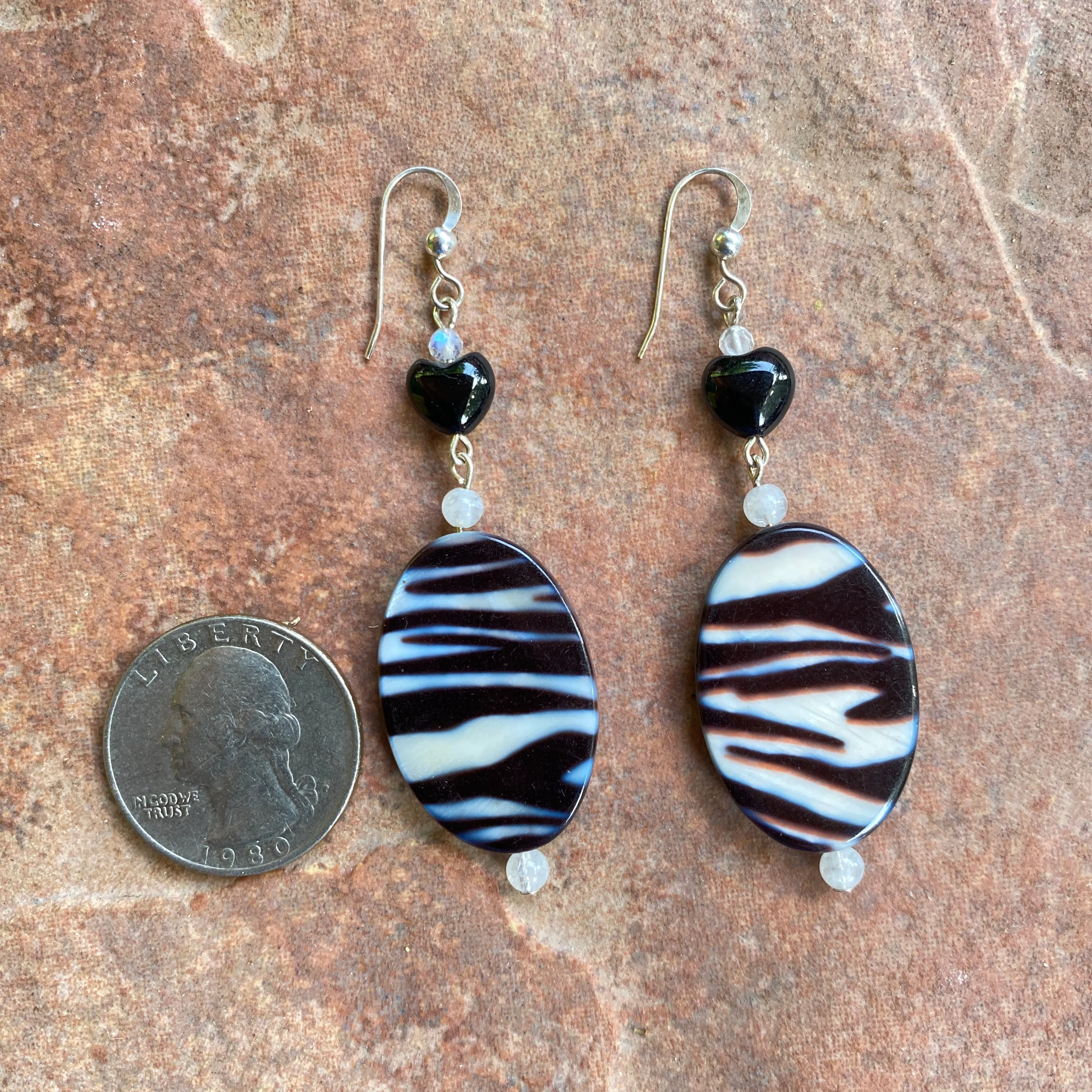 Mother of Pearl Zebra Print and Onyx, Moonstone Gemstone Earrings