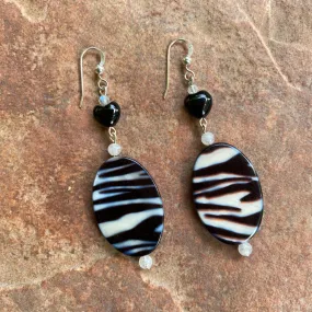 Mother of Pearl Zebra Print and Onyx, Moonstone Gemstone Earrings