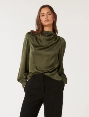 Nancy Drape Neck Button Blouse